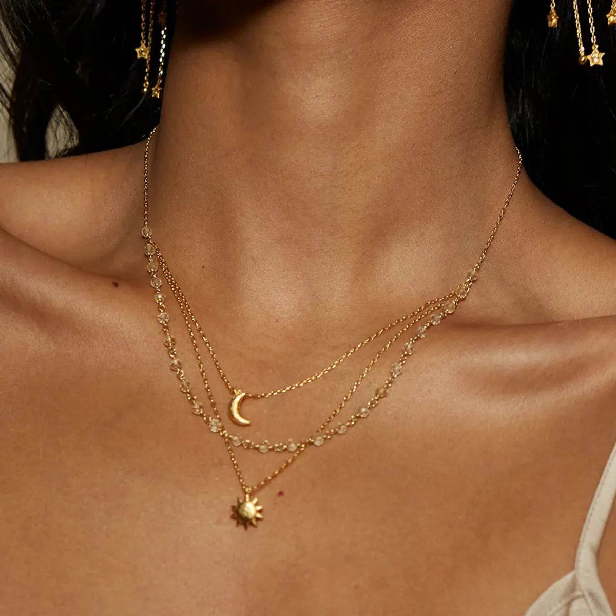 18K Gold-Plated Moon Sun Layered Pendant Necklace - Celestial Charm With Adjustable Chain