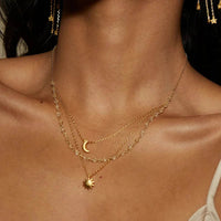 18K Gold-Plated Moon Sun Layered Pendant Necklace - Celestial Charm With Adjustable Chain - Store 42