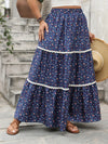 Plus Size Floral Elastic Waist Maxi Skirt Dark Blue