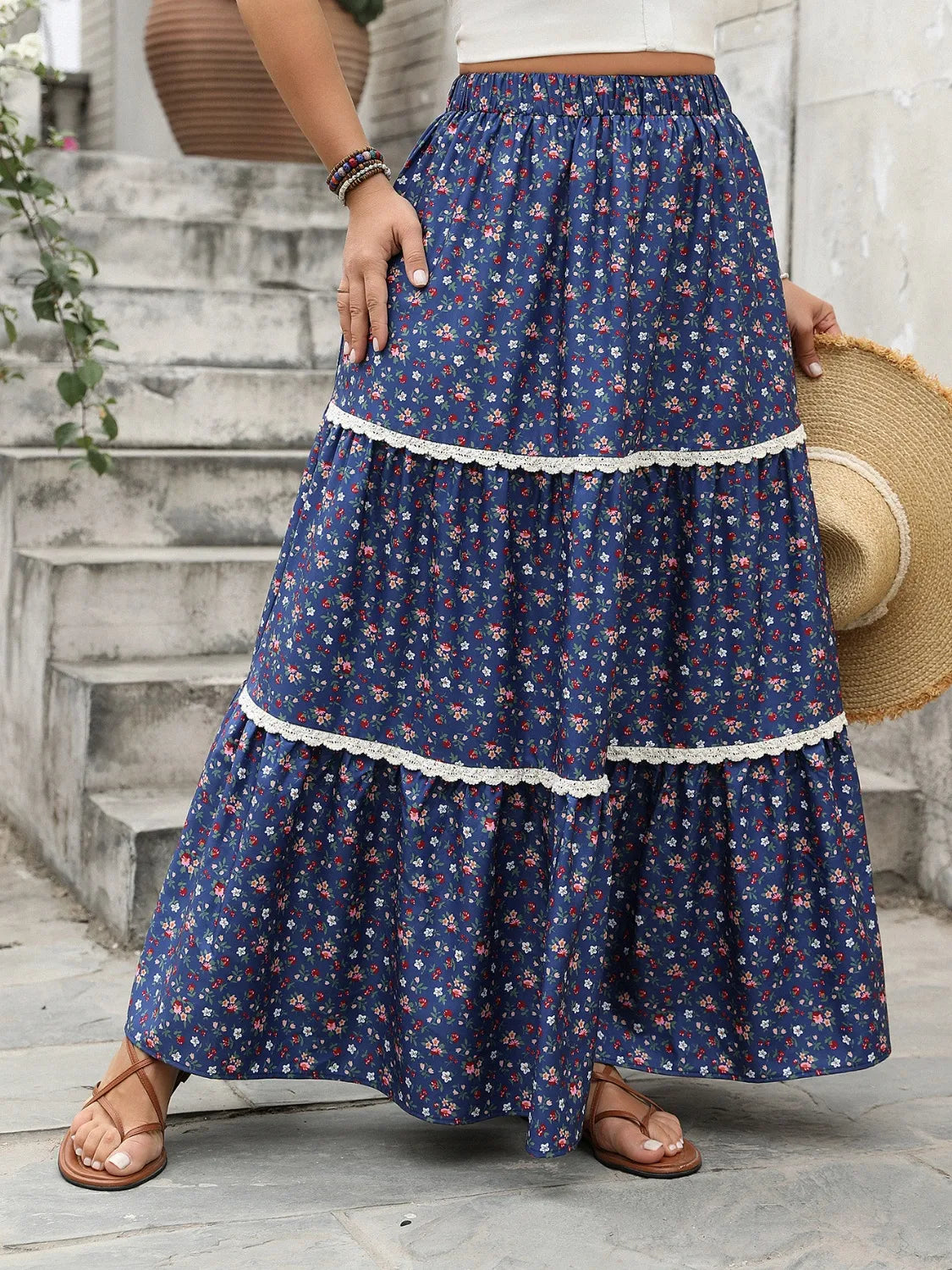 Plus Size Floral Maxi Skirt with Lace Detail and Elastic Waist - 100% Polyester, Tiered Design