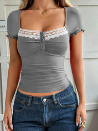Lace Detail Short Sleeve T-Shirt with Buttoned Closure - Stretchy Polyester Blend Top - Store 42