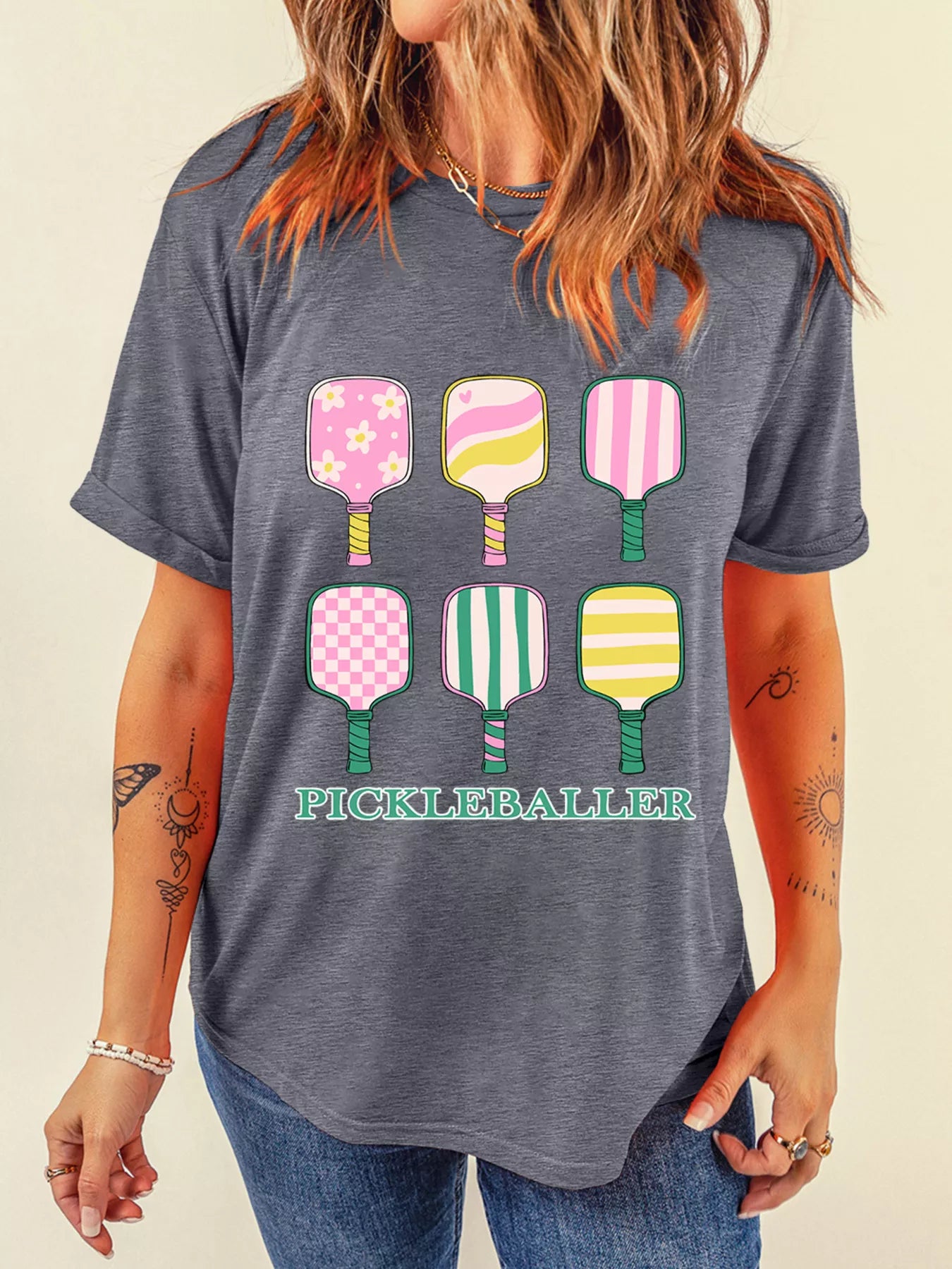 Pickleballer Casual T-Shirt with Playful Bats Print, Slightly Stretchy Polyester-Cotton Blend