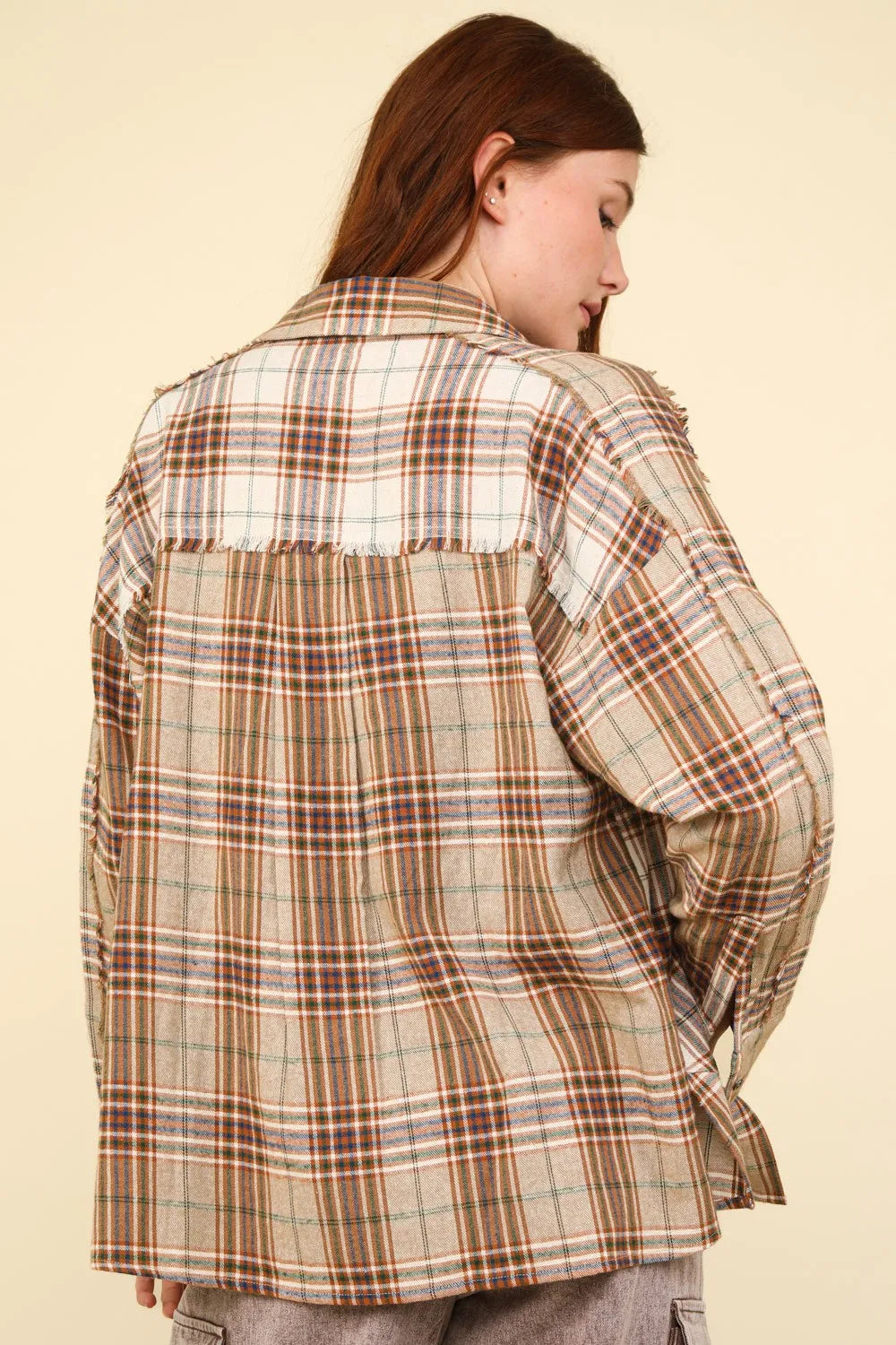 Contrast Plaid Oversized Button-Down Shirt with Raw Edge Accents for Casual Chic Style