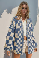 Double Take Full Size Open Front Checkered Drop Shoulder Cardigan Pastel Blue