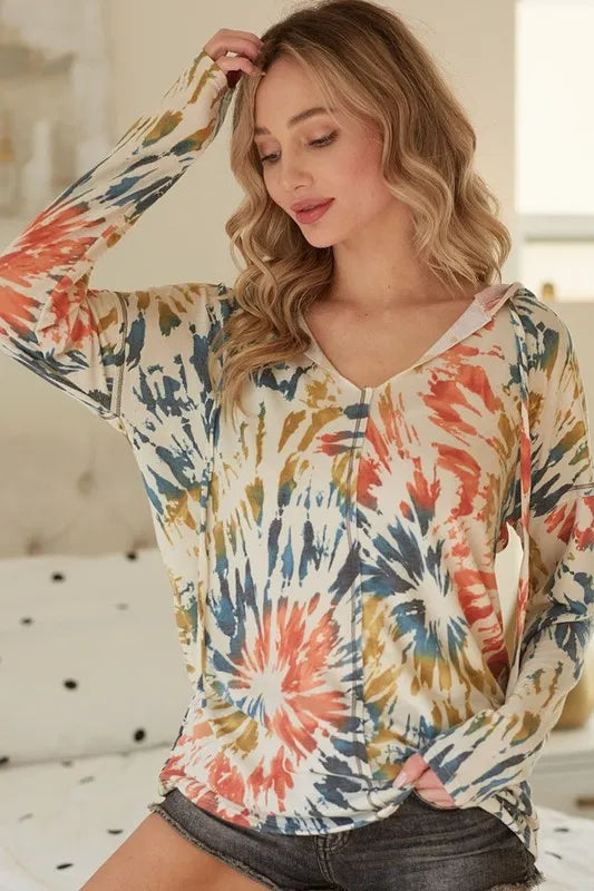 Trendy Tie Dye Print Terry Hoodie with Drawstring and Pockets - Casual Stylish Comfort
