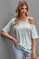 Leopard Print Asymmetrical Neck Cold-Shoulder Blouse with Short Sleeves - Casual Chic Style - Store 42
