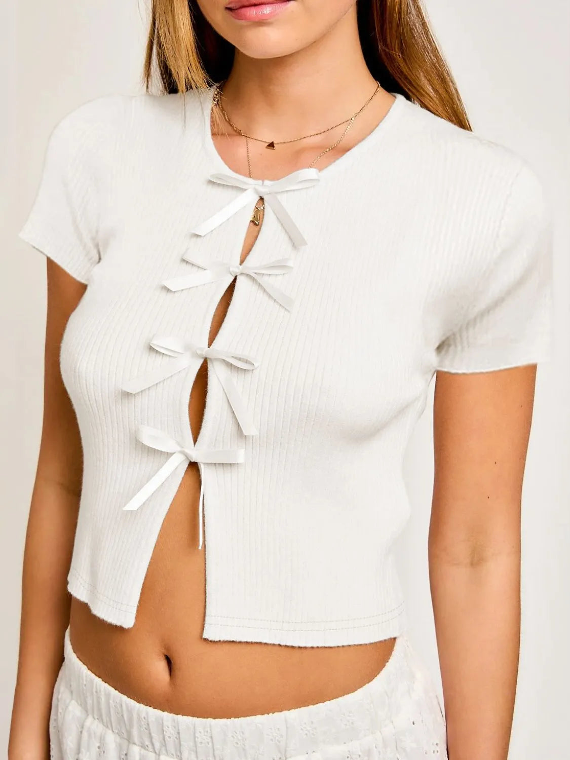 Trendy Bow-Tie Round Neck Short Sleeve T-Shirt - Soft, Stretchy Fabric, Easy Care