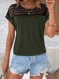 Lace Cutout Round Neck Short Sleeve T-Shirt for Women - 60% Polyester Casual Top - Store 42