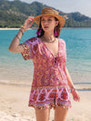 Printed V-Neck Short Sleeve Romper Deep Rose