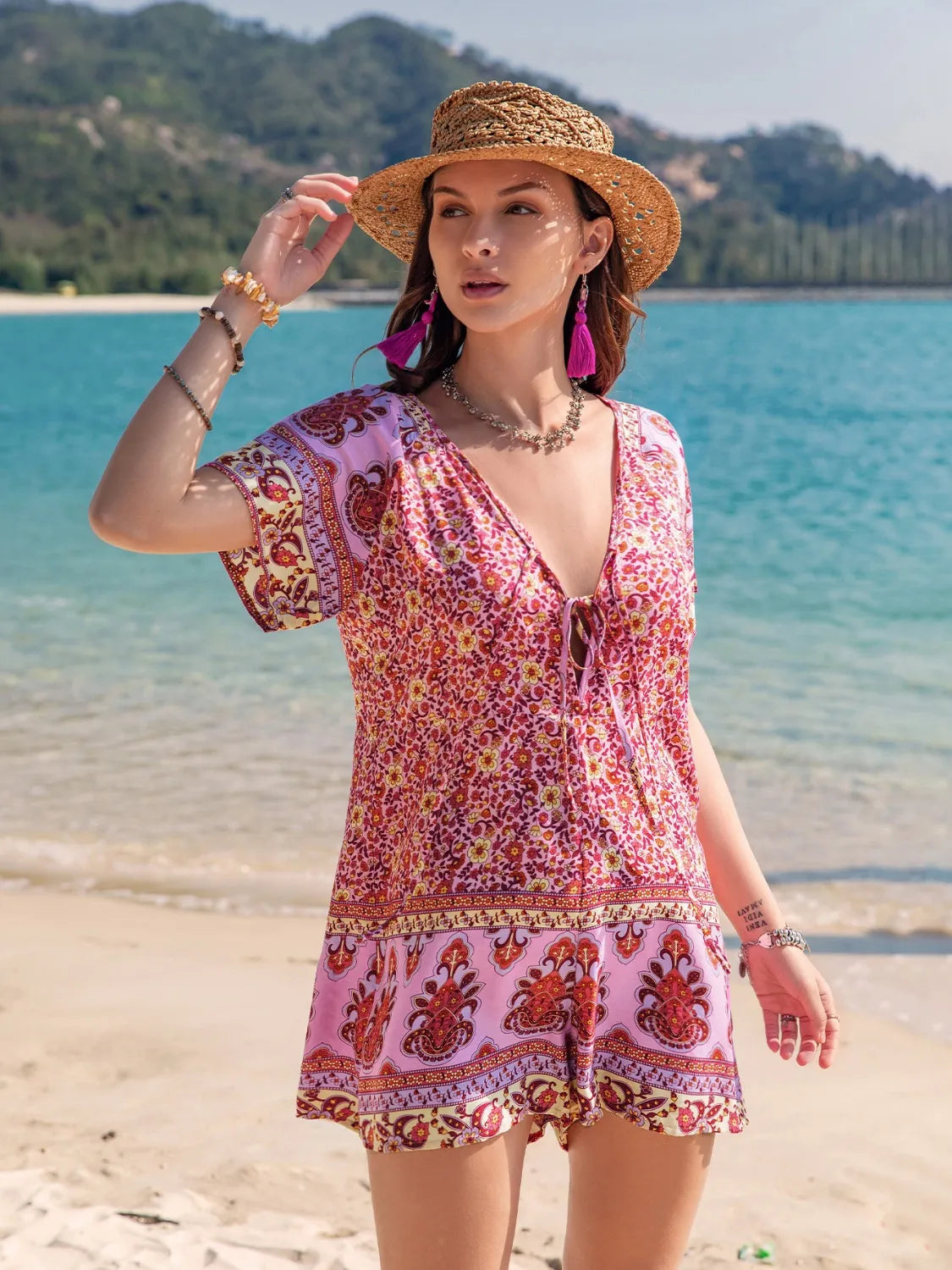 Floral Printed V-Neck Short Sleeve Romper with Tied Detail - Soft 100% Viscose Material