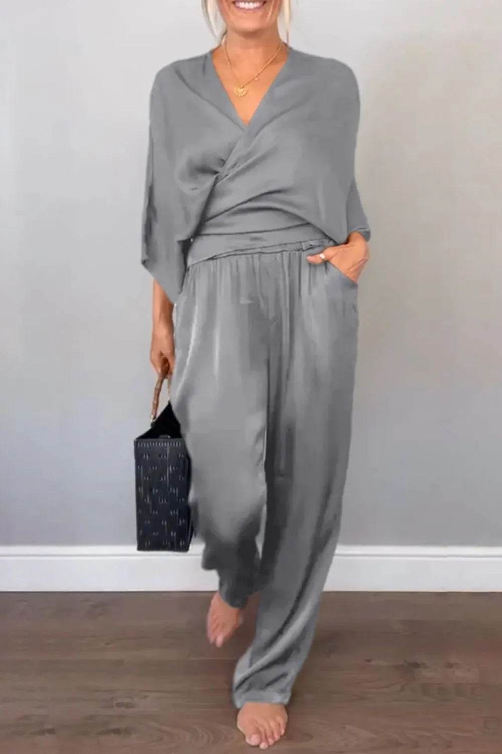 Full Size Wrap Surplice Top and Pants Set Plus Size - Store 42
