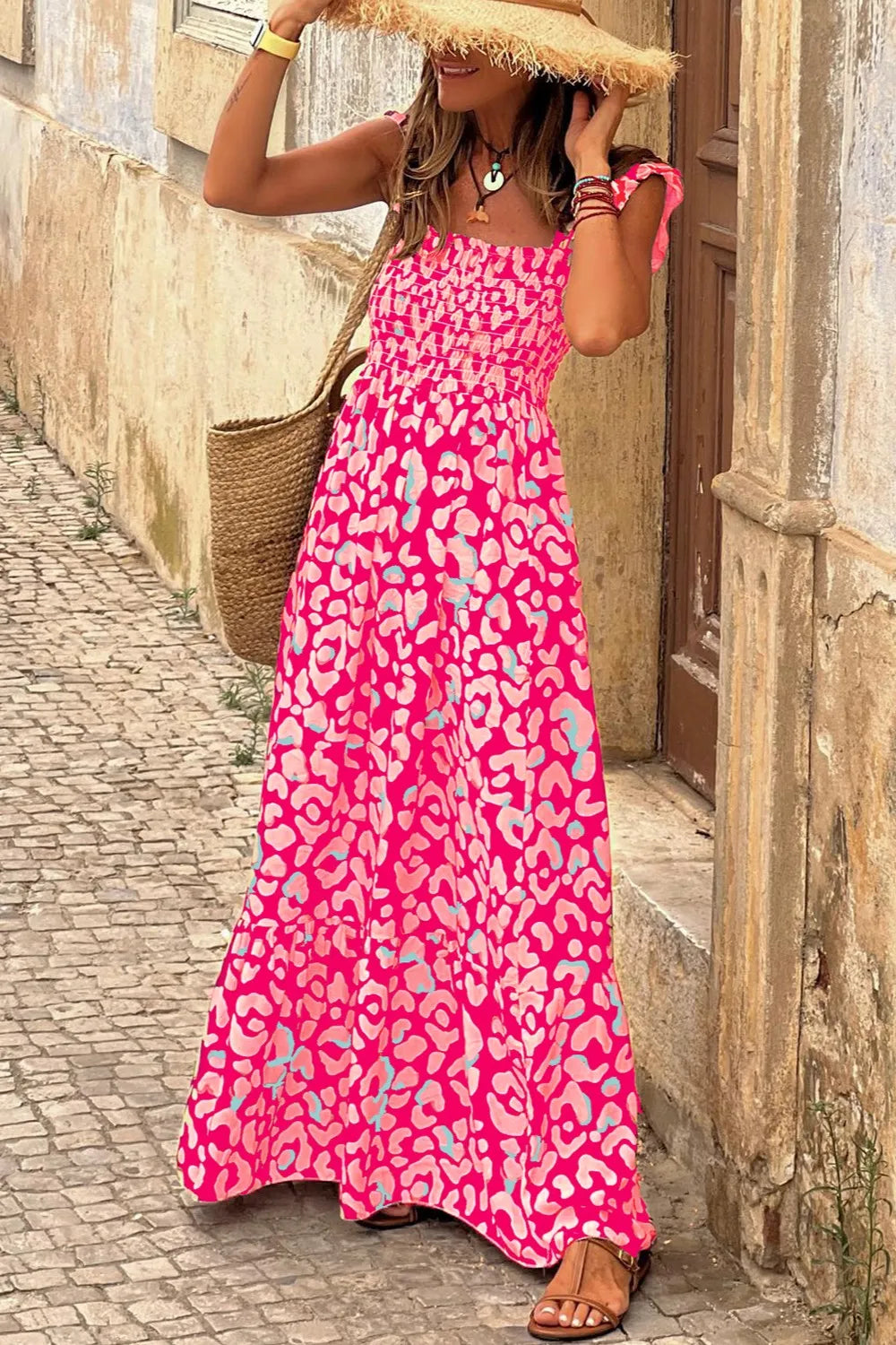 Ruffled Printed Wide Strap Dress - Opaque Slightly Stretchy Viscose Blend, Casual Summer Style