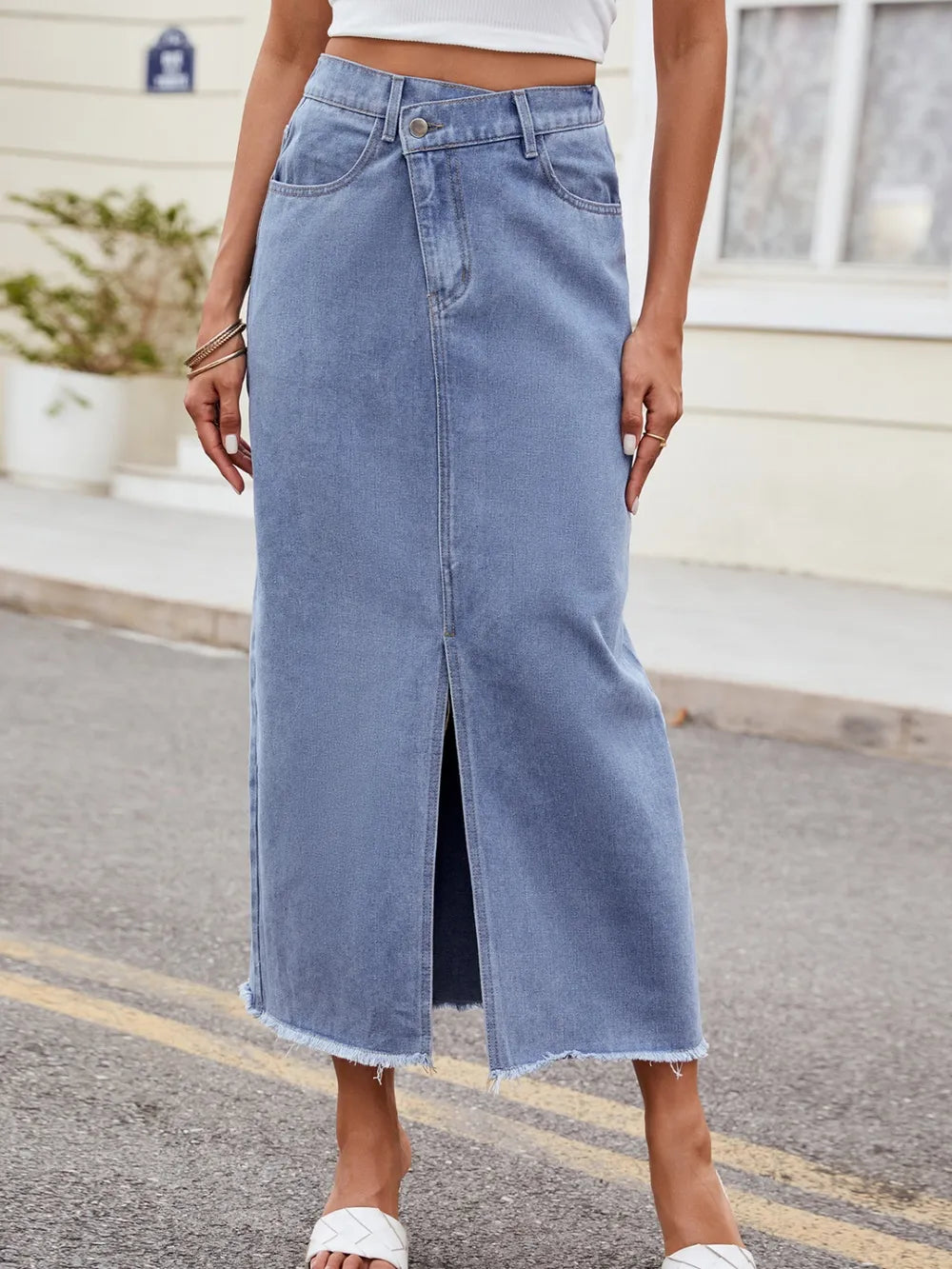 Asymmetrical Slit Denim Skirt for Women - Stretchy, Stylish & Effortlessly Chic