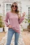 Trendsi Eyelet Notched Neck Long Sleeve Balloon Sleeve Blouse - Chic Solid Polyester Top - Store 42