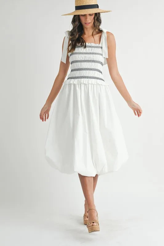 MABLE Smocked Bodice Bubble Midi Dress - Cute Casual Chic Look for Every Occasion