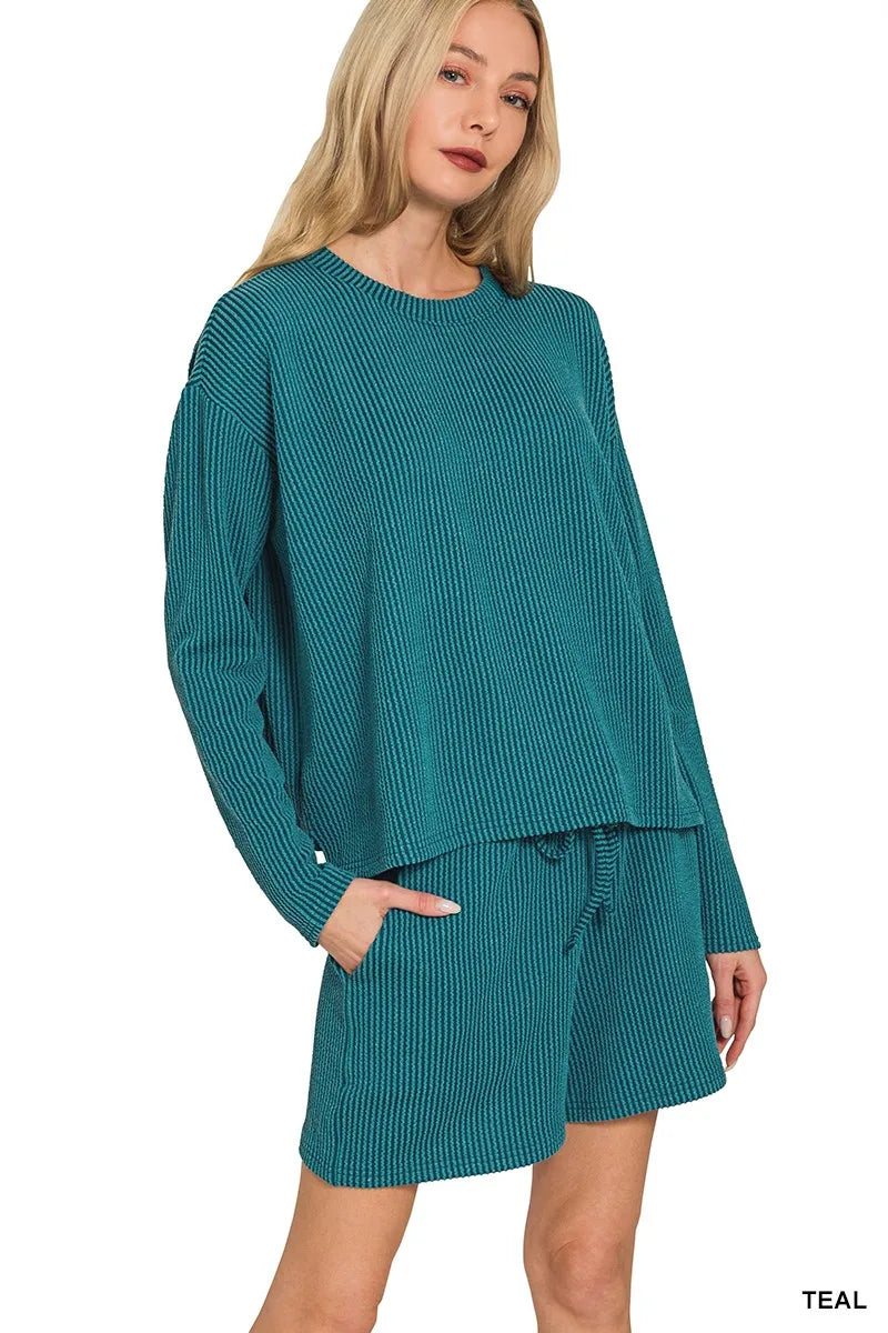 Zenana Ribbed Long Sleeve Tee and Drawstring Shorts Set - Casual Two-Piece Outfit