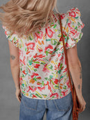 Multicolour Floral Printed Cap Sleeve Split Neck Blouse