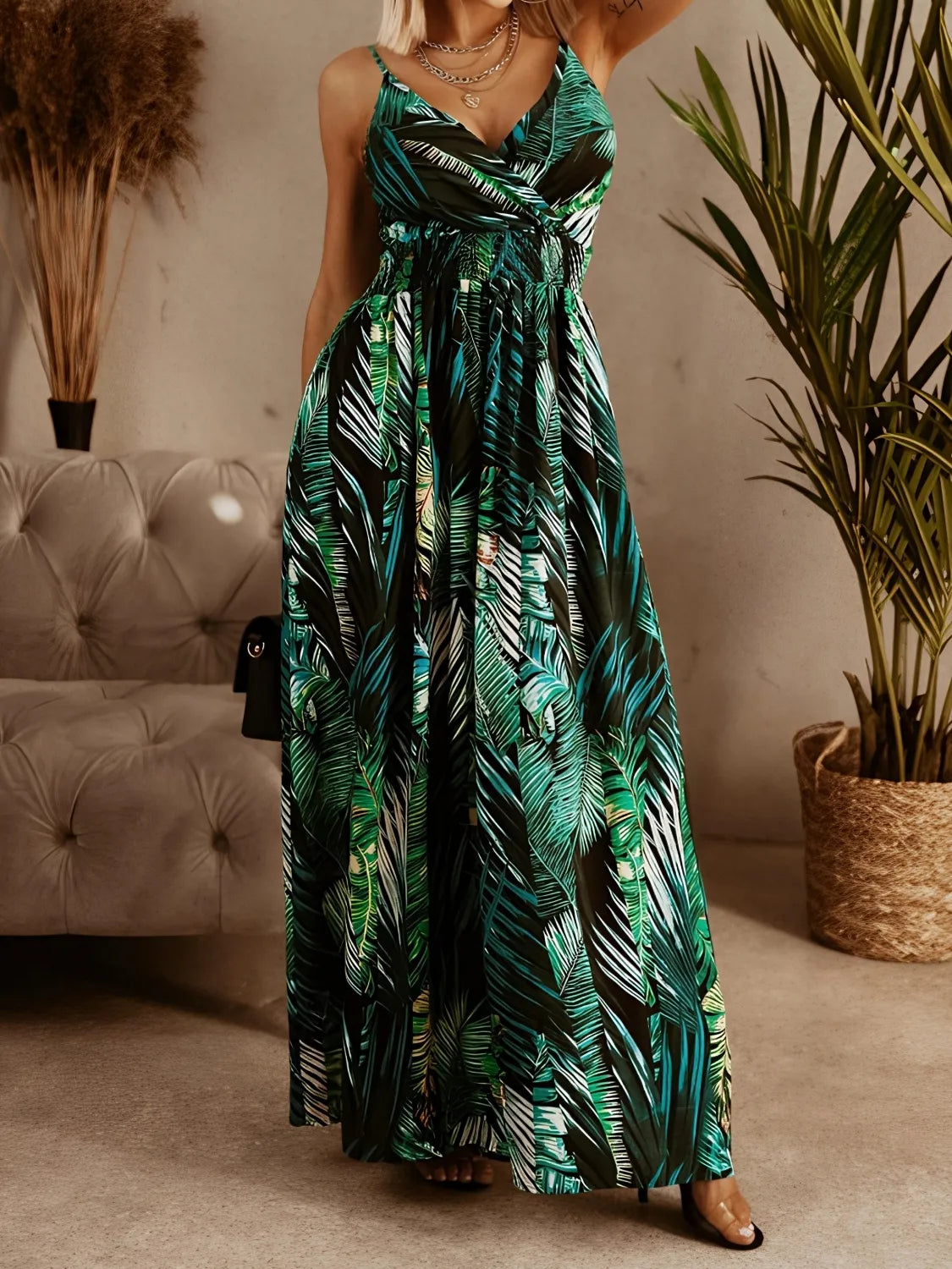 Trendsi Smocked Printed Surplice Maxi Cami Dress – Elegant 100% Polyester, Machine Washable