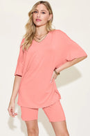 Basic Bae Bamboo Full Size V-Neck Drop Shoulder T-Shirt and Shorts Set Coral