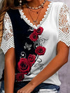 Full Size Printed Lace Sleeve V-Neck T-Shirt Plus Size - Store 42