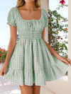 Gingham Smocked Puff Sleeve Summer Dress Green