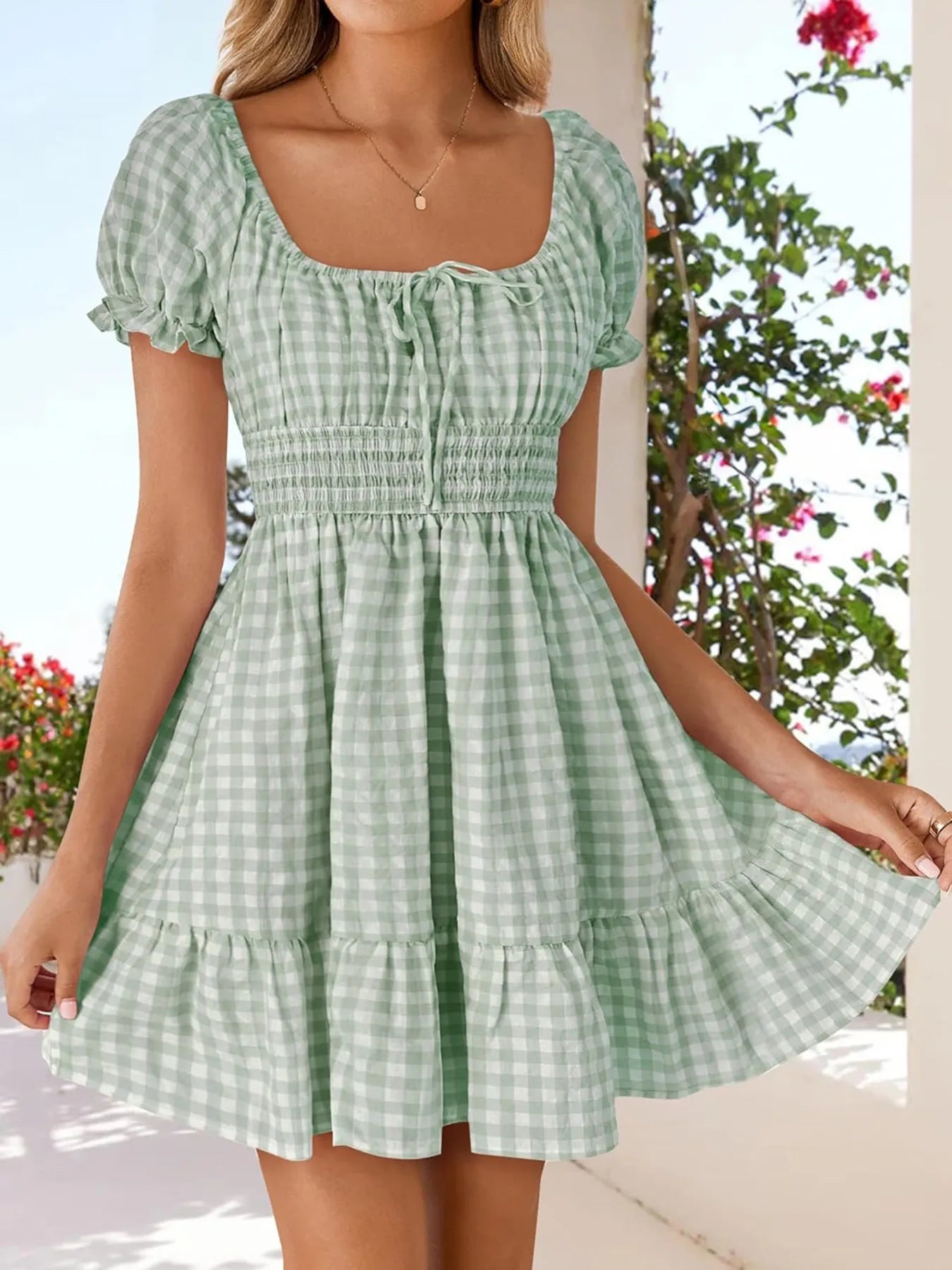 Gingham Smocked Puff Sleeve Summer Dress Green