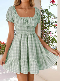 Gingham Smocked Puff Sleeve Summer Dress Green