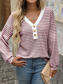 Striped V-Neck Button Front Casual Top Wine Red
