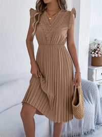 Lace Detail Ruffled Cap Sleeve Pleated Dress