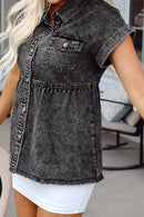 Short Sleeve Flap Pocket Button Up Raw Hem Denim Shirt