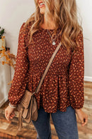 Trendsi Floral Smocked Ruffle Hem Blouse - Long Sleeve Opaque Polyester Top - Store 42