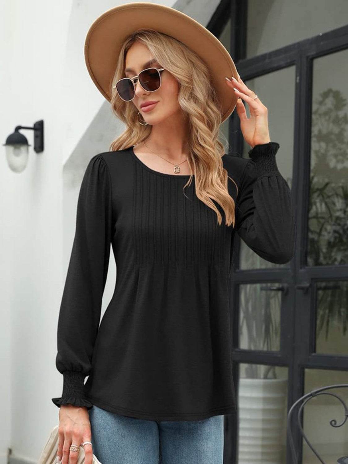Stylish Smocked Round Neck Blouse With Lantern Sleeves - Opaque 65% Rayon, 35% Polyester - Store 42