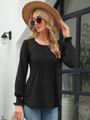 Stylish Smocked Round Neck Blouse With Lantern Sleeves - Opaque 65% Rayon, 35% Polyester - Store 42