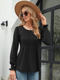 Stylish Smocked Round Neck Blouse With Lantern Sleeves - Opaque 65% Rayon, 35% Polyester - Store 42