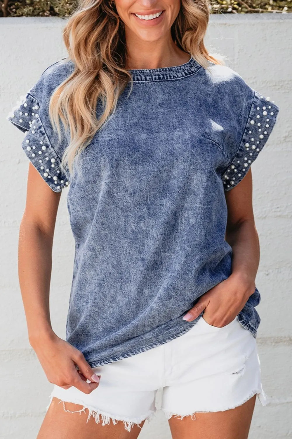 Denim Top With Pearl Trim, Round Neck, Cap Sleeve - 100% Cotton, Classic Basic Style