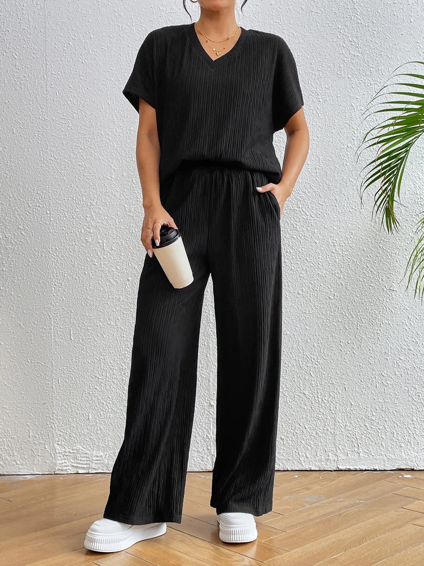 V-Neck Short Sleeve Top and Pants Set