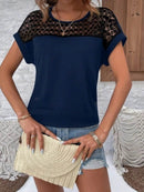 Lace Cutout Round Neck Short Sleeve T-Shirt for Women - 60% Polyester Casual Top - Store 42