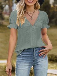 Lace Trim V-Neck Puff Sleeve Blouse