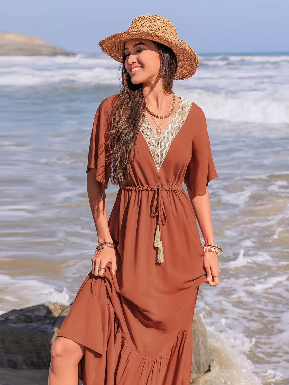 Stylish Ruffled Tassel V-Neck Flutter Sleeve Dress with Lace Detail - 100% Viscose, Opaque Design
