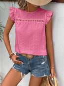 Elegant Eyelet Round Neck Cap Sleeve Top - 95% Polyester, No Stretch, Imported - Store 42