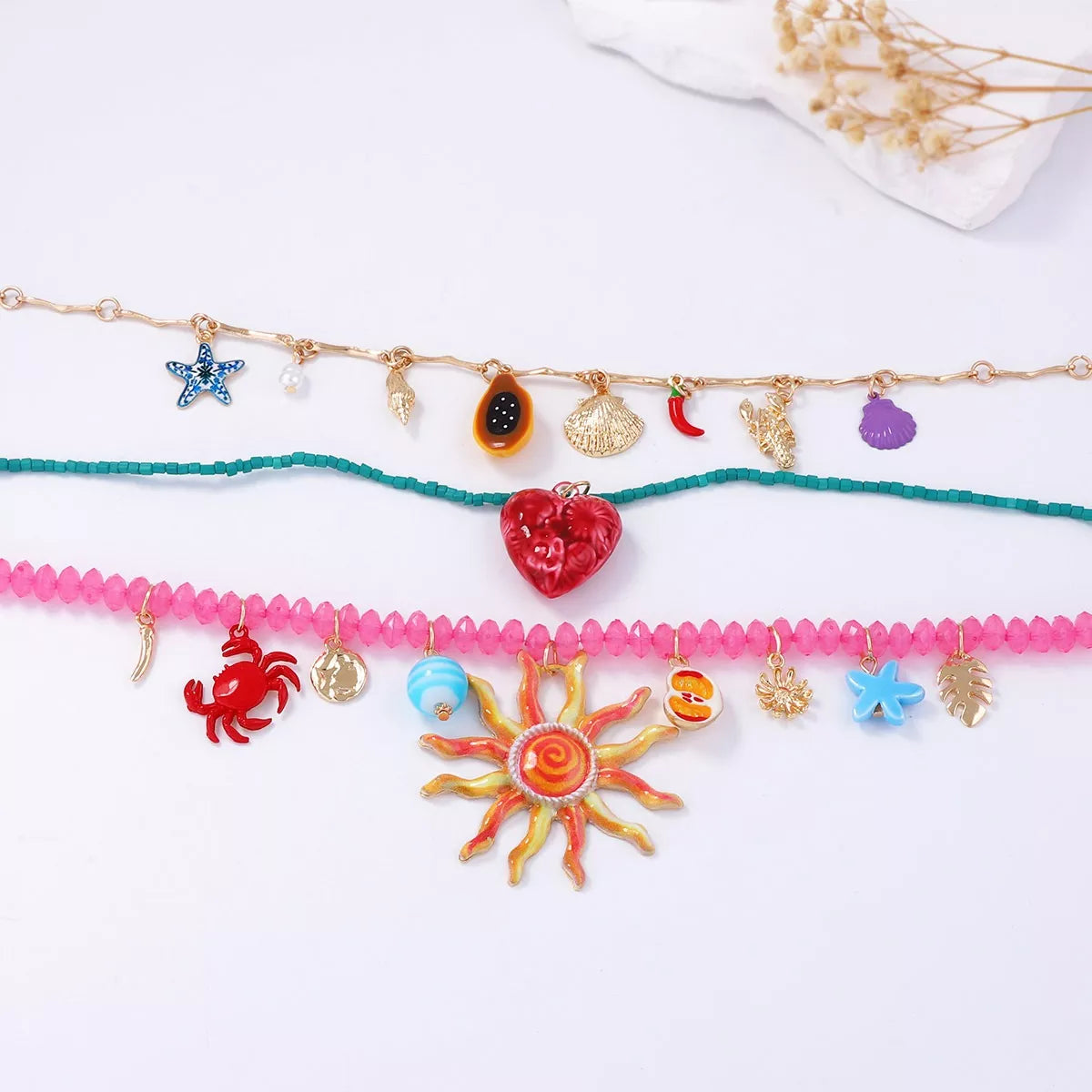 Trendy 3-Piece Beach Charm Necklace Set with Adjustable Length for Summer Style