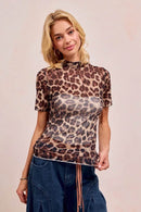 Fitted Leopard Print High Neck Mesh Top With Short Sleeves – Comfortable & Stylish - Store 42