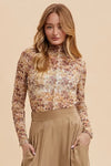 Annie Wear Floral Lettuce Hem Sheer Mesh Top Ivory Gold