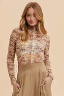 Annie Wear Floral Lettuce Hem Sheer Mesh Top Ivory Gold