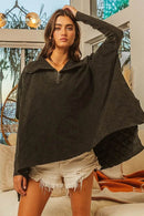 BiBi Vintage Washed Oversized Quilted Half Zip Sweatshirt with Fleece Lining and Ribbed Cuffs - Store 42