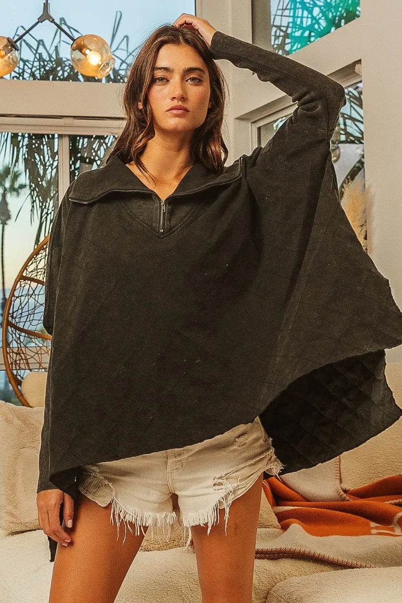 BiBi Vintage Washed Oversized Quilted Half Zip Sweatshirt with Fleece Lining and Ribbed Cuffs - Store 42