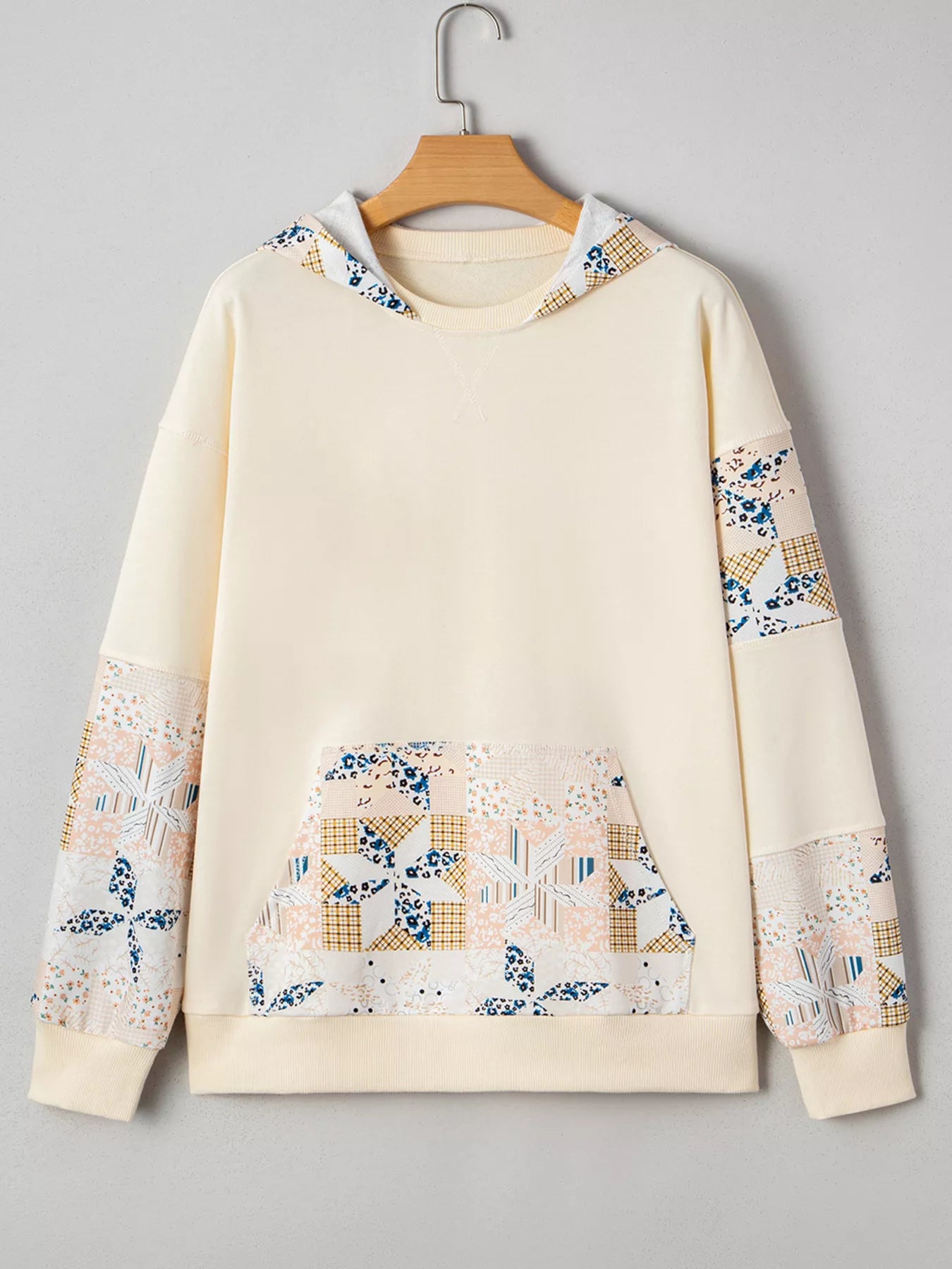 Trendy Geo Pattern Patchwork Hoodie with Kangaroo Pocket - Slightly Stretchy, Stylish & Comfortable