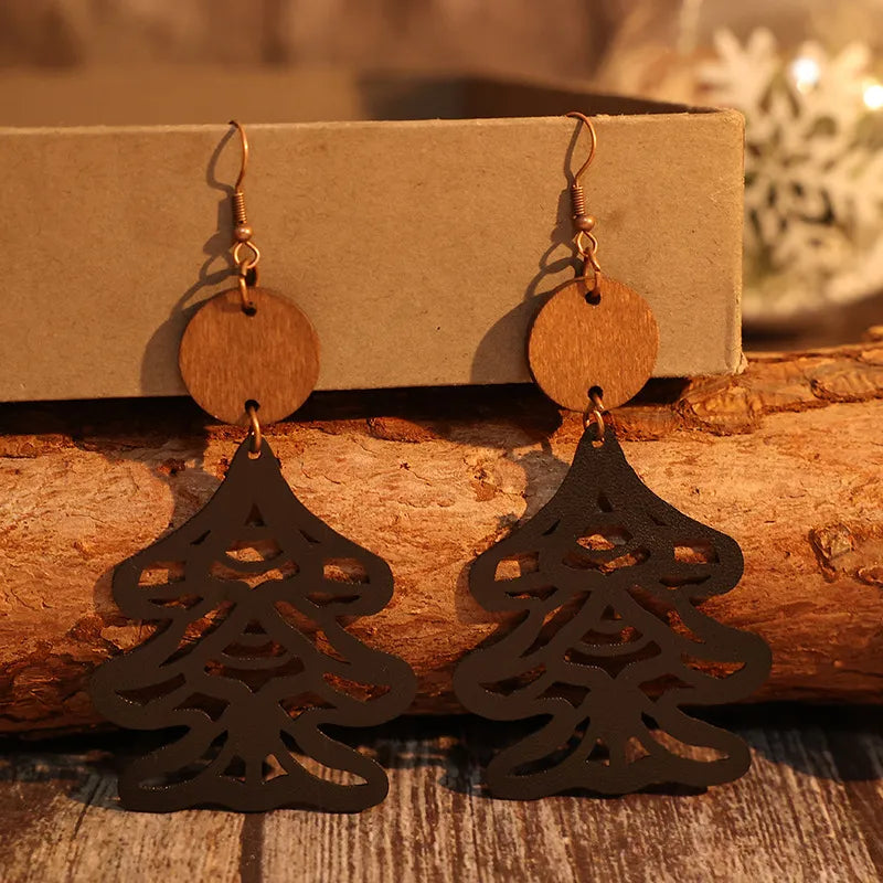 Exquisite Wooden Tree Shape Earrings - Lightweight Alloy and Wood Design, 3.9 In Length