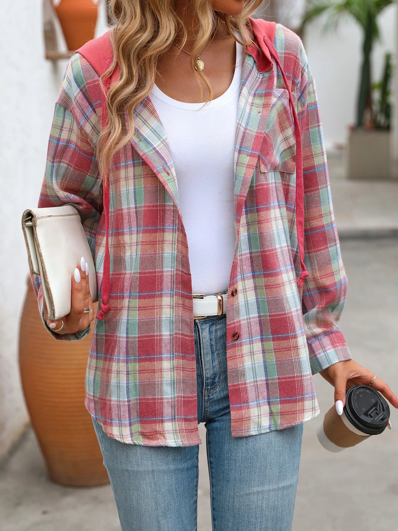 Plaid Button-Up Hooded Shirt