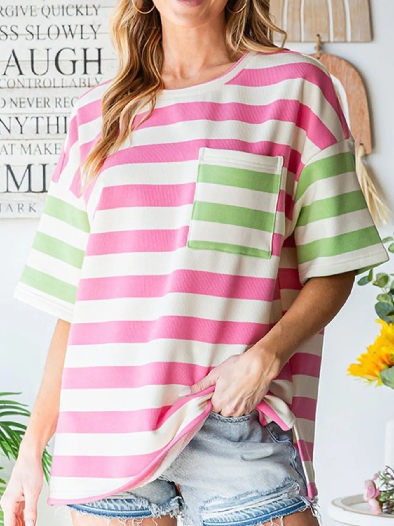 Trendy Striped Oversized Short Sleeve T-Shirt with Pocket, 100% Polyester for Comfort